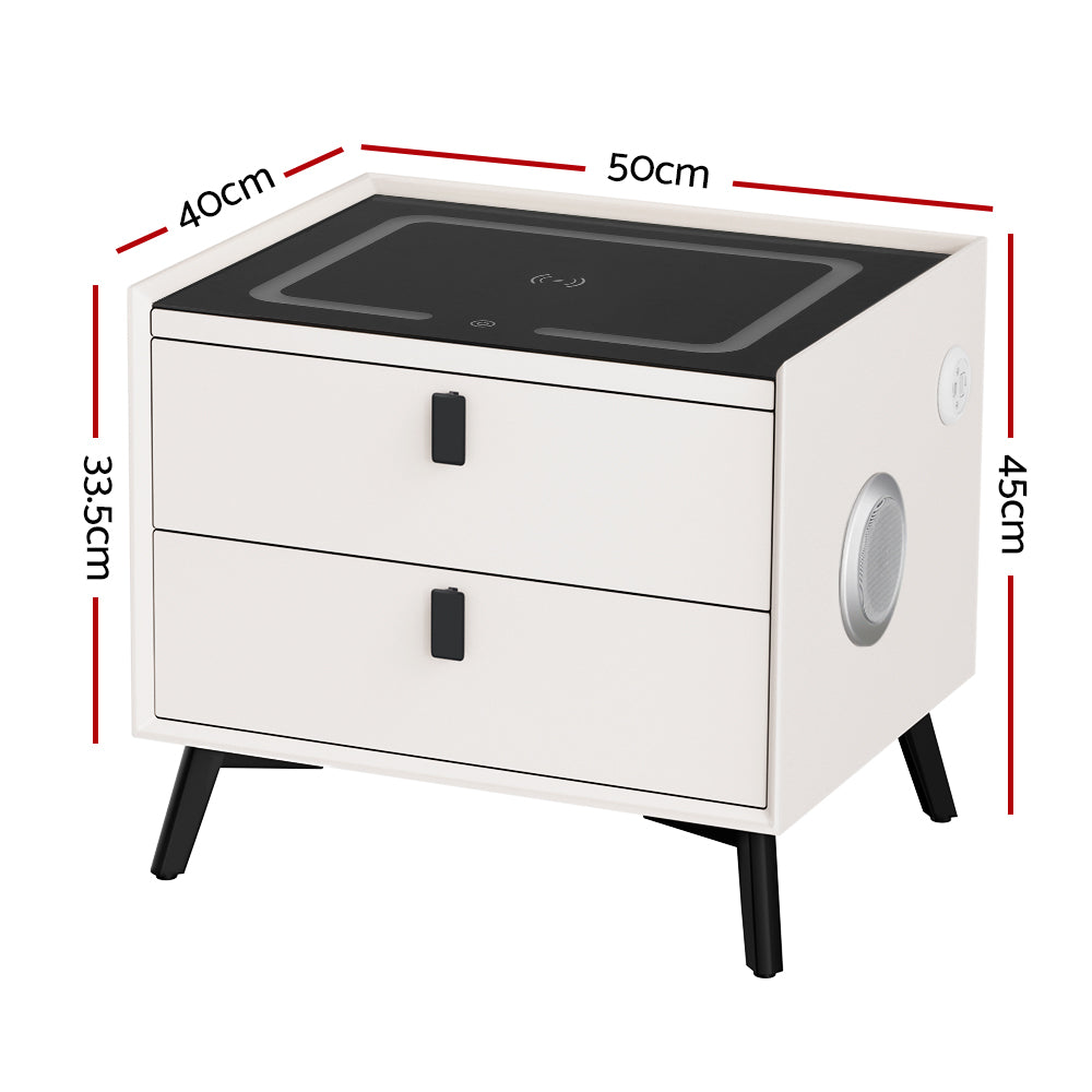 Artiss Smart Bedside Table 2 Drawers with Wireless Charging Ports LED White AIKA - VogueDecor.au