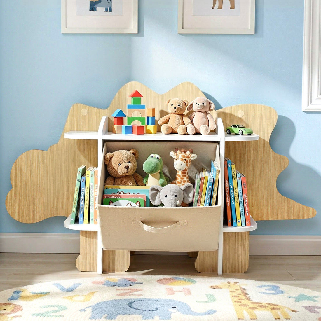 Keezi Dinosaur Kids Bookshelf 2-Tier Children's Bookcase Wooden with with Fabric Drawer, Toddler Bookshelf Toy Storage Organizer for Preschool, Kids Room, Playroom, Nursery