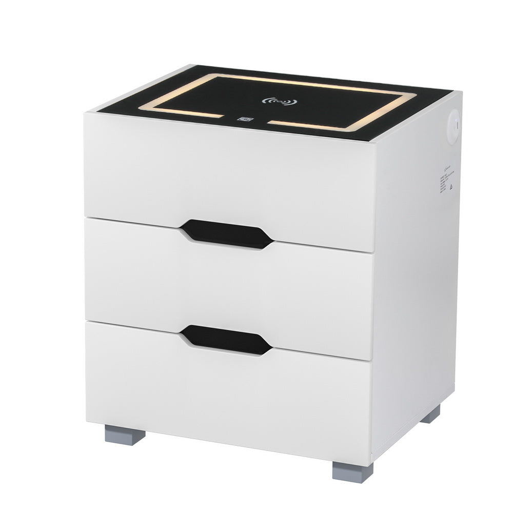 Artiss Smart Bedside Table 3 Drawers with Wireless Charging Ports LED White ADAD - VogueDecor.au