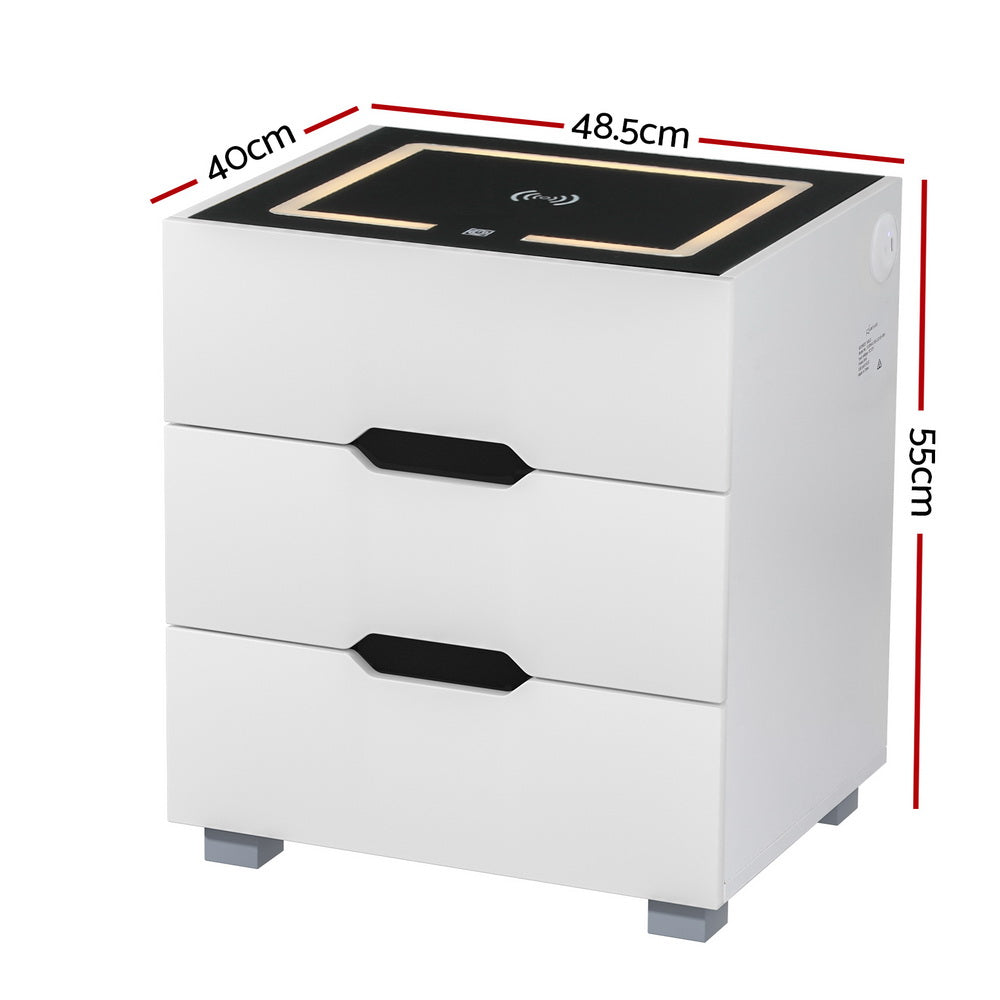Artiss Smart Bedside Table 3 Drawers with Wireless Charging Ports LED White ADAD - VogueDecor.au