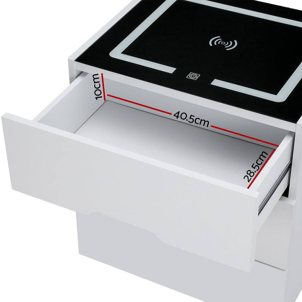 Artiss Smart Bedside Table 3 Drawers with Wireless Charging Ports LED White ADAD - VogueDecor.au