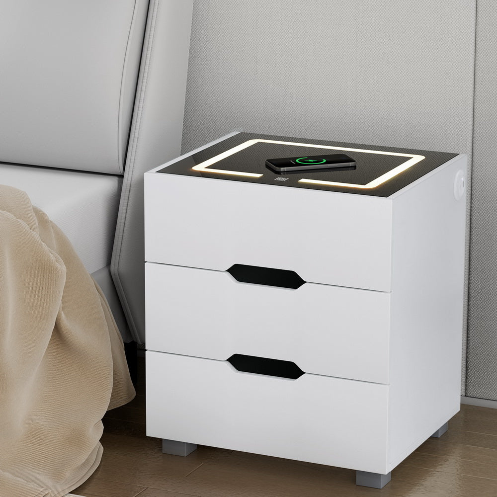 Artiss Smart Bedside Table 3 Drawers with Wireless Charging Ports LED White ADAD - VogueDecor.au