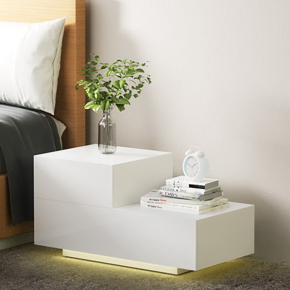 Artiss Bedside Tables LED 2 Drawers - REMI White - VogueDecor.au