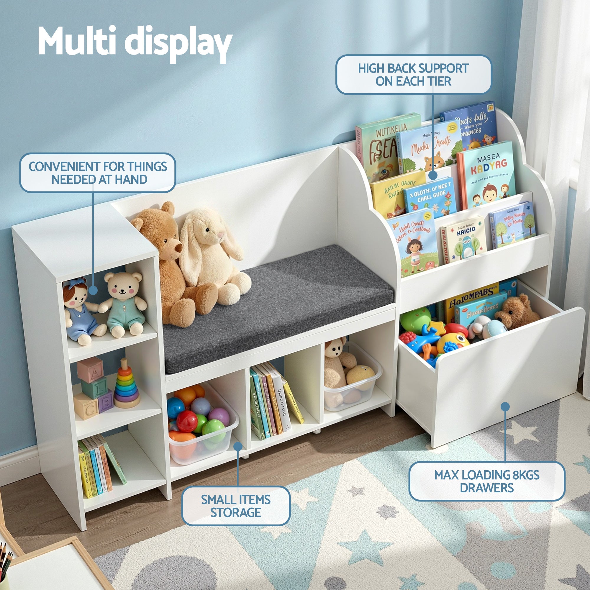 Keezi Kids Storage Unit Bookshelf Toy Box Organiser Bench Seat Cabinet 170cm White