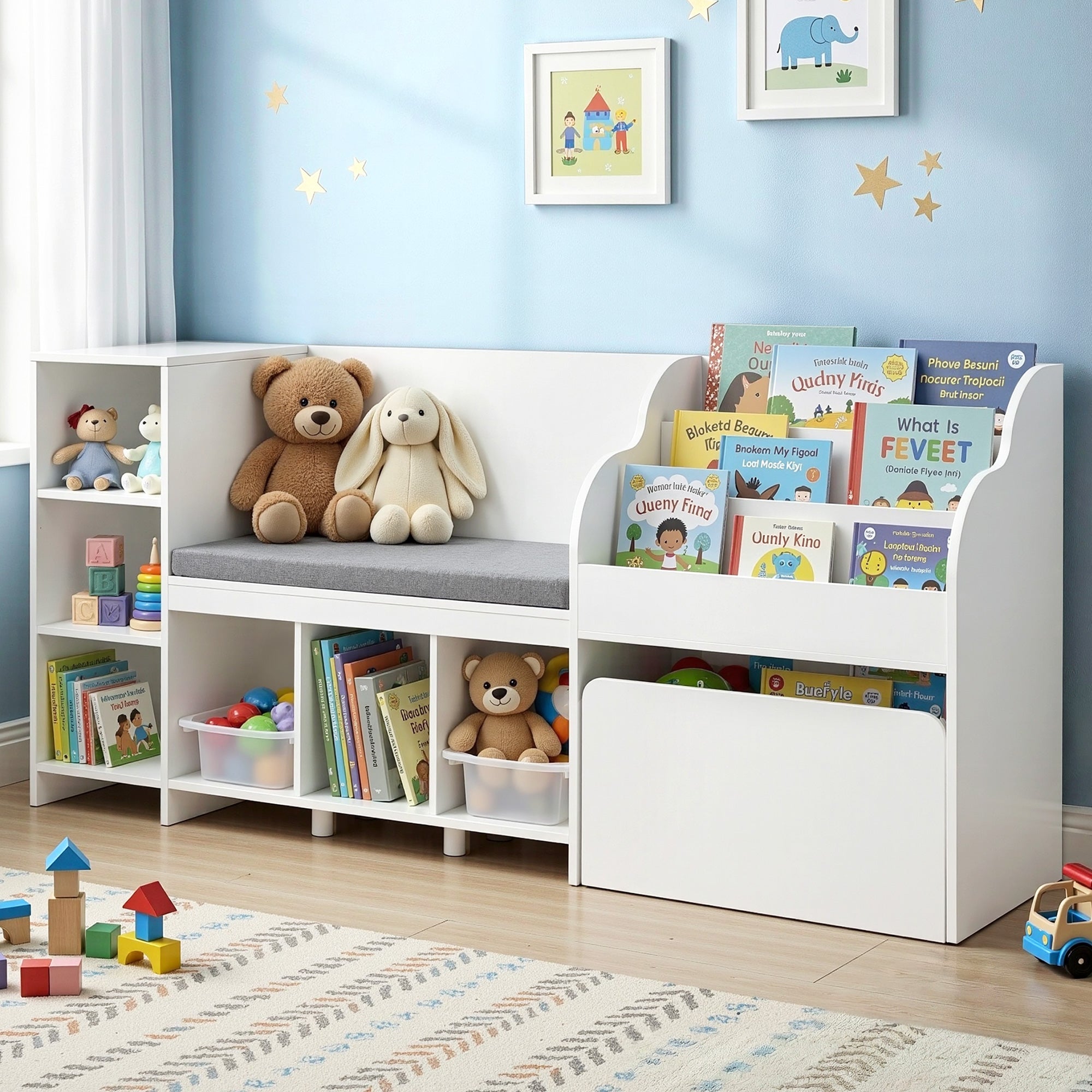 Keezi Kids Storage Unit Bookshelf Toy Box Organiser Bench Seat Cabinet 170cm White