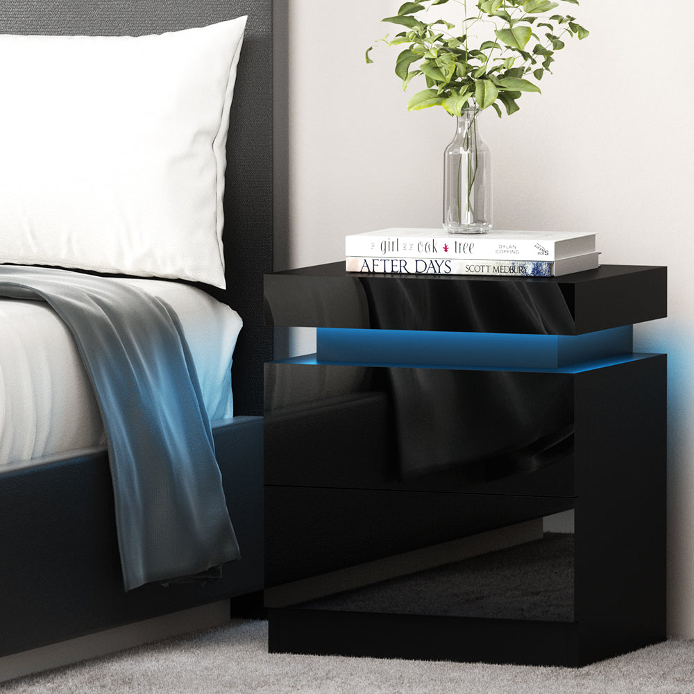 Artiss Bedside Table LED 2 Drawers Lift-up Storage - COLEY Black - VogueDecor.au