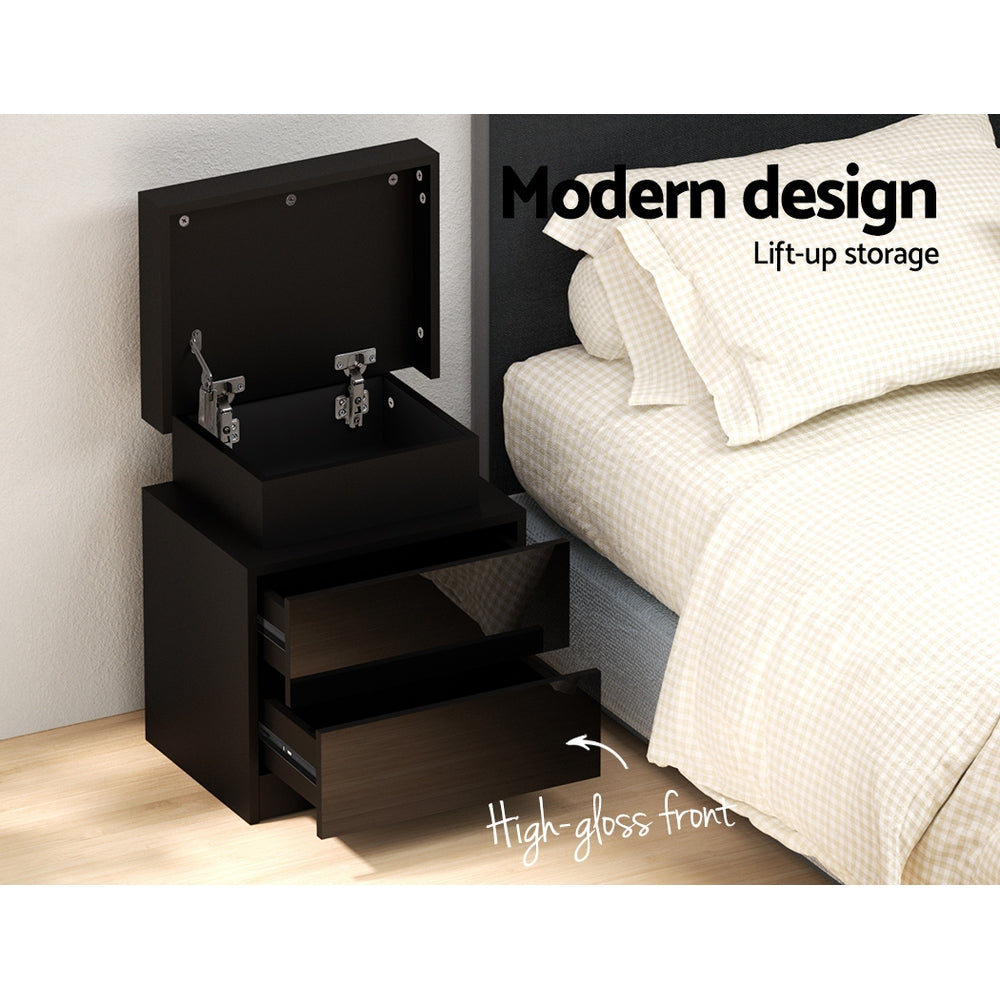 Artiss Bedside Table LED 2 Drawers Lift-up Storage - COLEY Black - VogueDecor.au