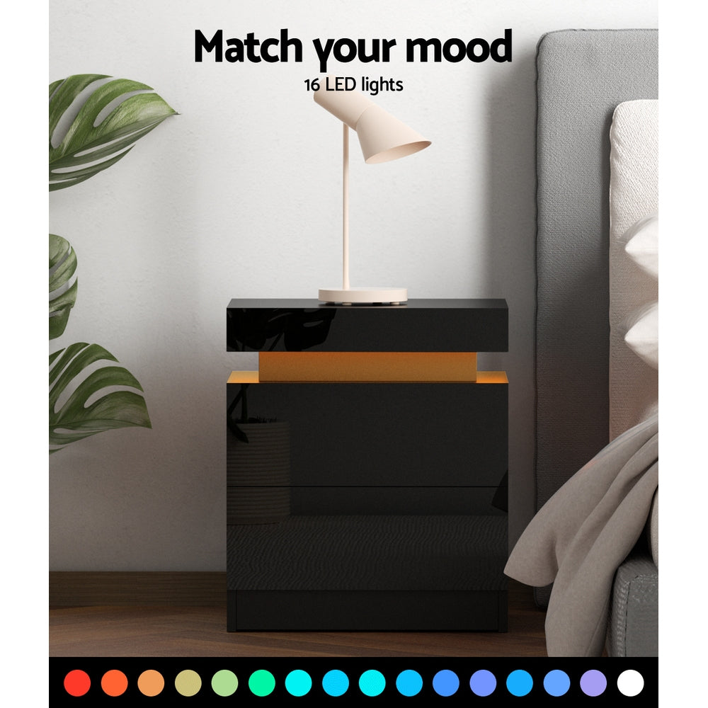 Artiss Bedside Table LED 2 Drawers Lift-up Storage - COLEY Black - VogueDecor.au