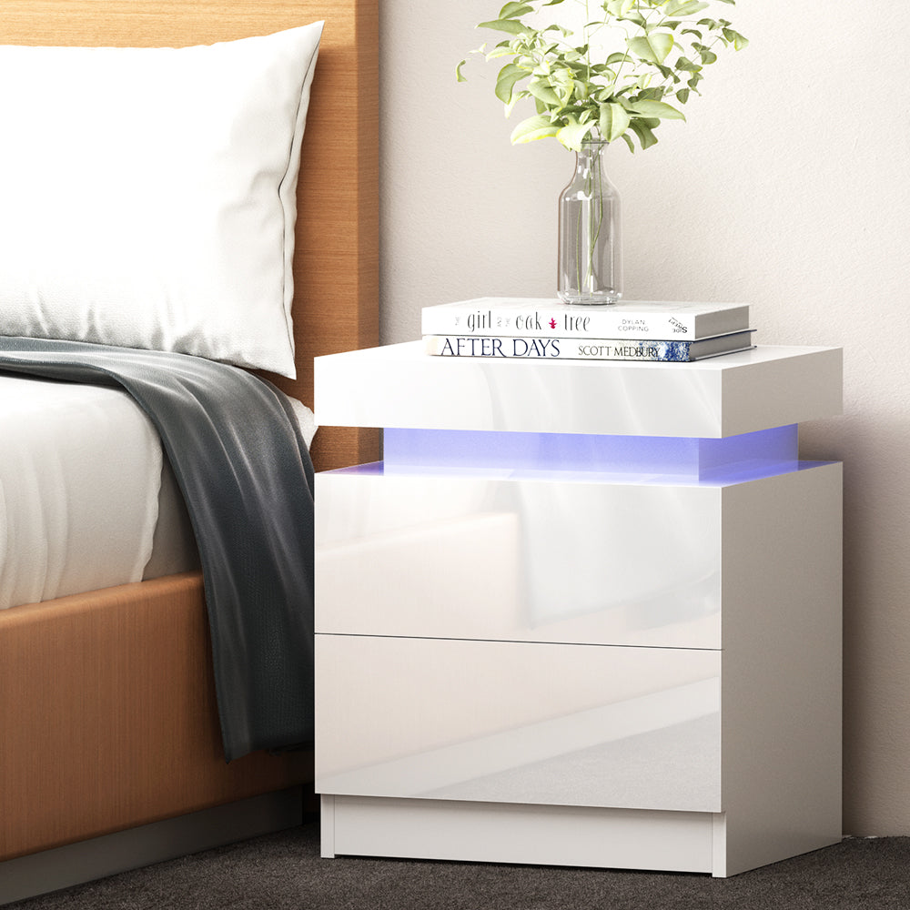Artiss Bedside Table LED 2 Drawers Lift-up Storage - COLEY White - VogueDecor.au