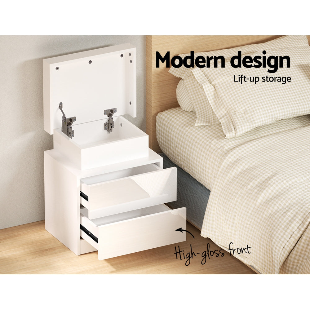 Artiss Bedside Table LED 2 Drawers Lift-up Storage - COLEY White - VogueDecor.au