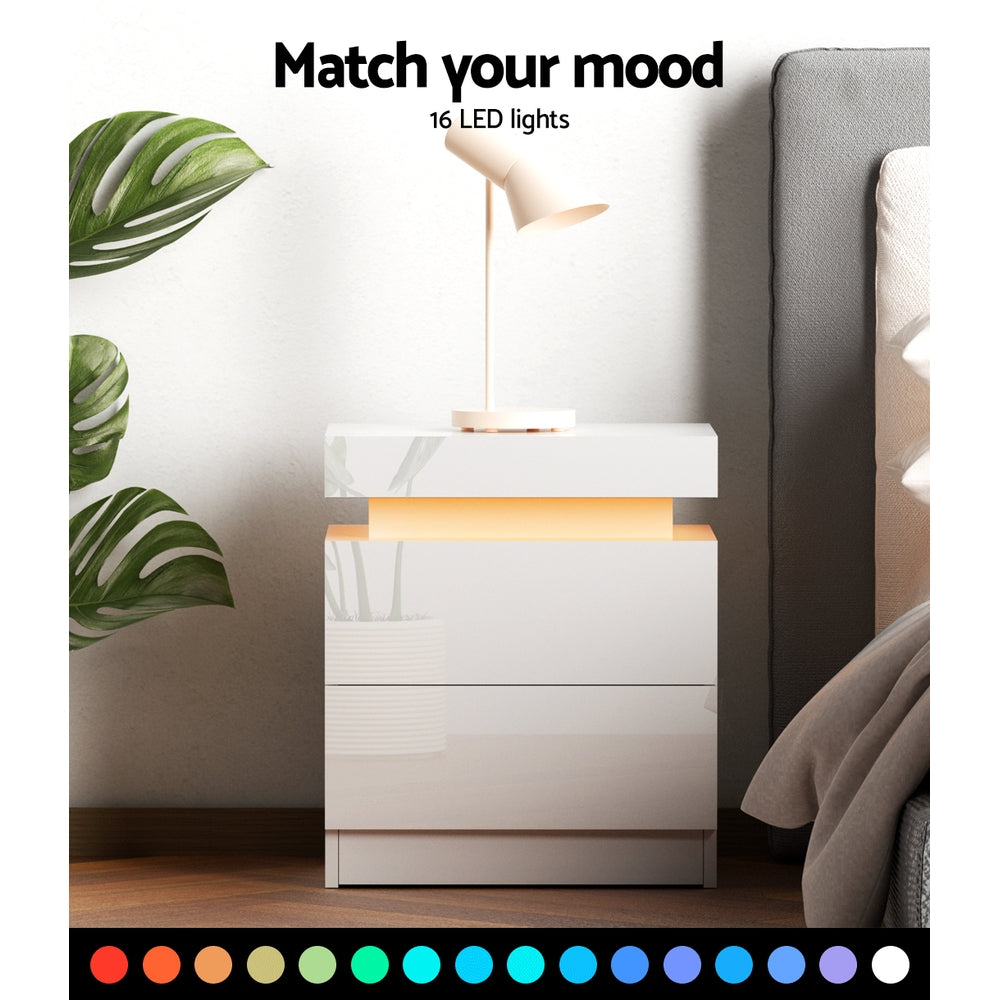Artiss Bedside Table LED 2 Drawers Lift-up Storage - COLEY White - VogueDecor.au