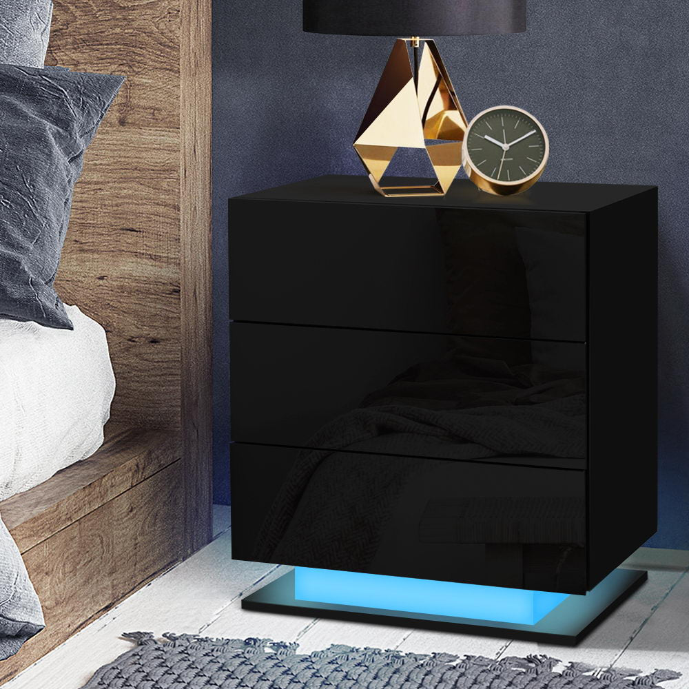 Artiss Bedside Table LED 3 Drawers - MORI Black - VogueDecor.au