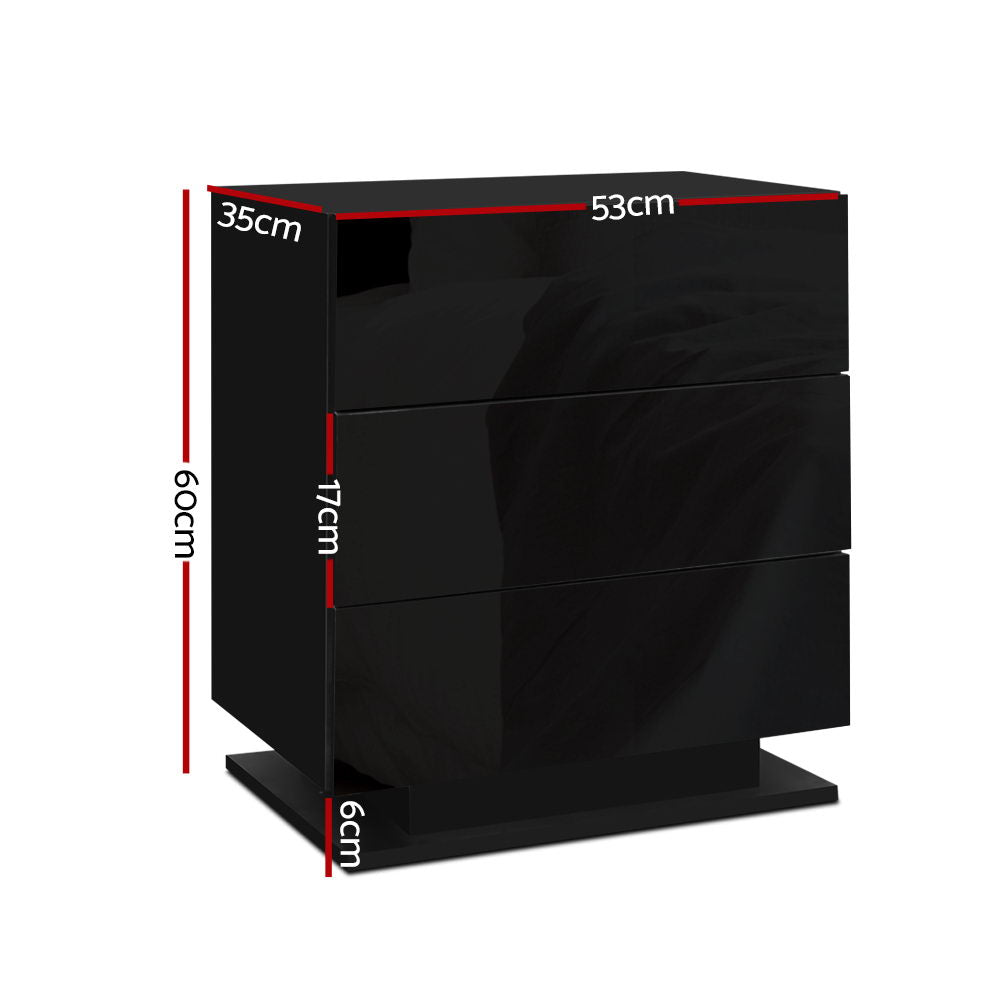 Artiss Bedside Table LED 3 Drawers - MORI Black - VogueDecor.au