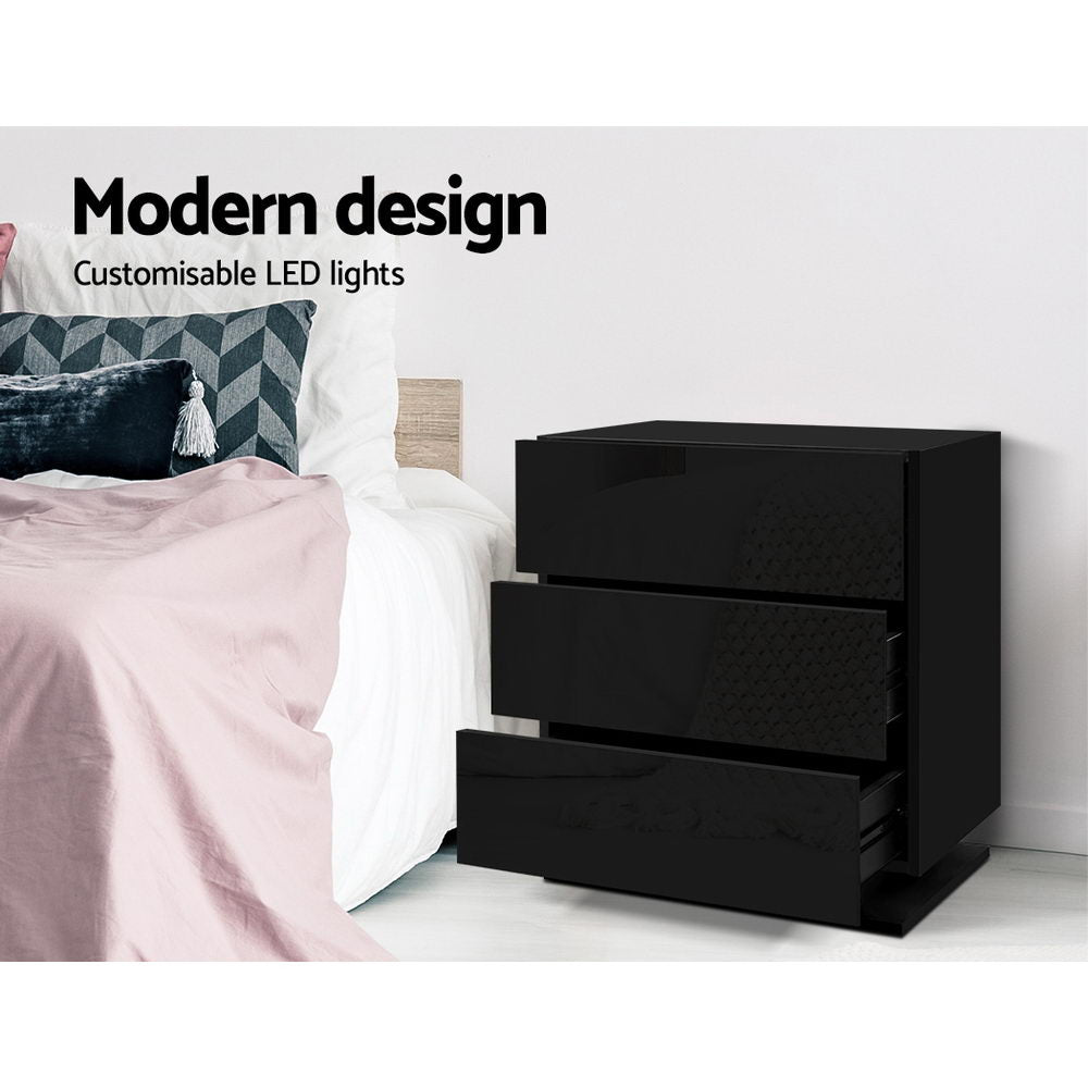 Artiss Bedside Table LED 3 Drawers - MORI Black - VogueDecor.au