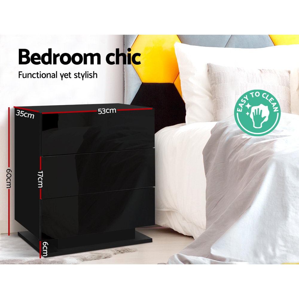 Artiss Bedside Table LED 3 Drawers - MORI Black - VogueDecor.au