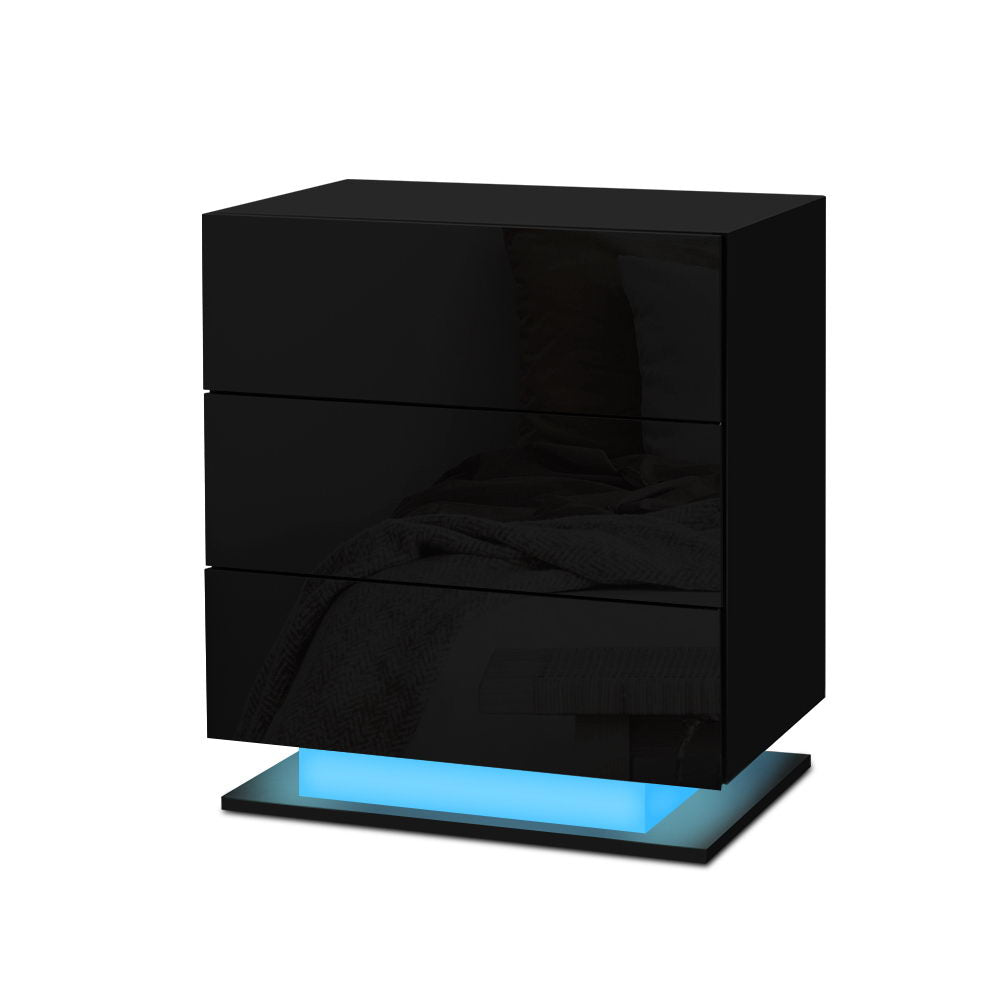 Artiss Bedside Table LED 3 Drawers - MORI Black - VogueDecor.au