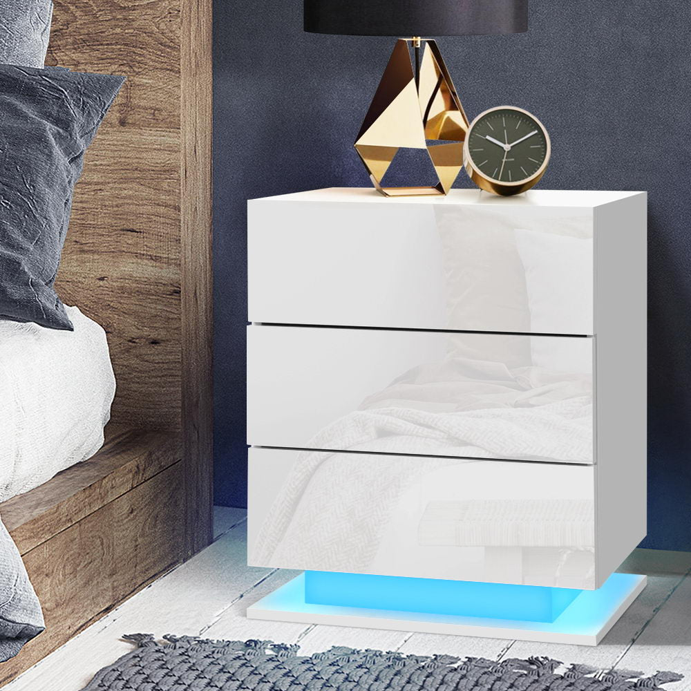 Artiss Bedside Table LED 3 Drawers - MORI White - VogueDecor.au