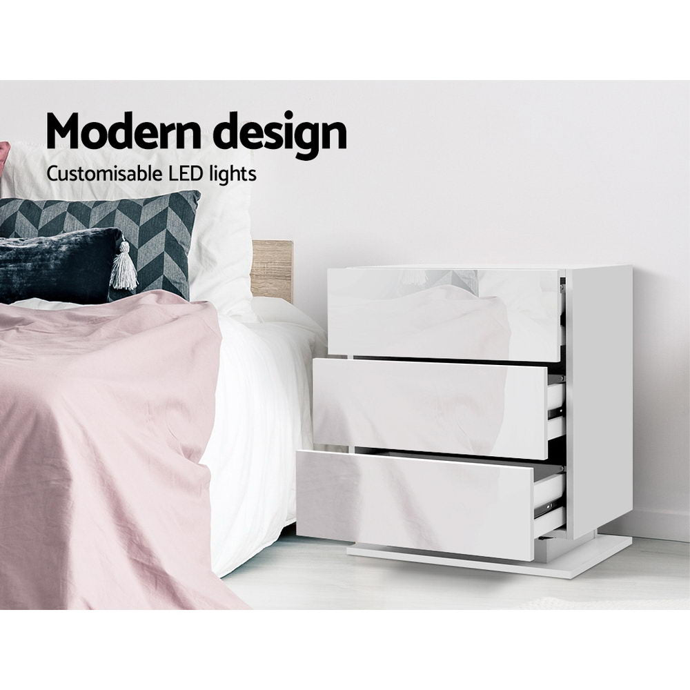 Artiss Bedside Table LED 3 Drawers - MORI White - VogueDecor.au