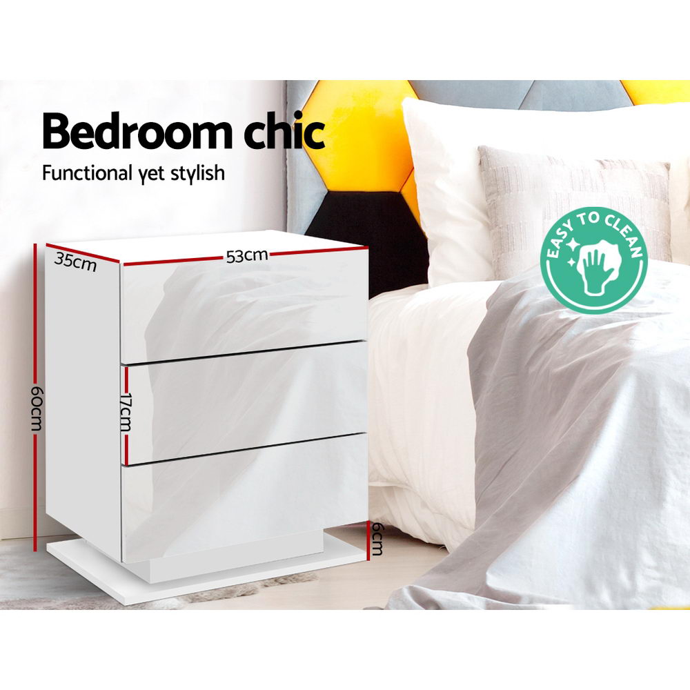 Artiss Bedside Table LED 3 Drawers - MORI White - VogueDecor.au