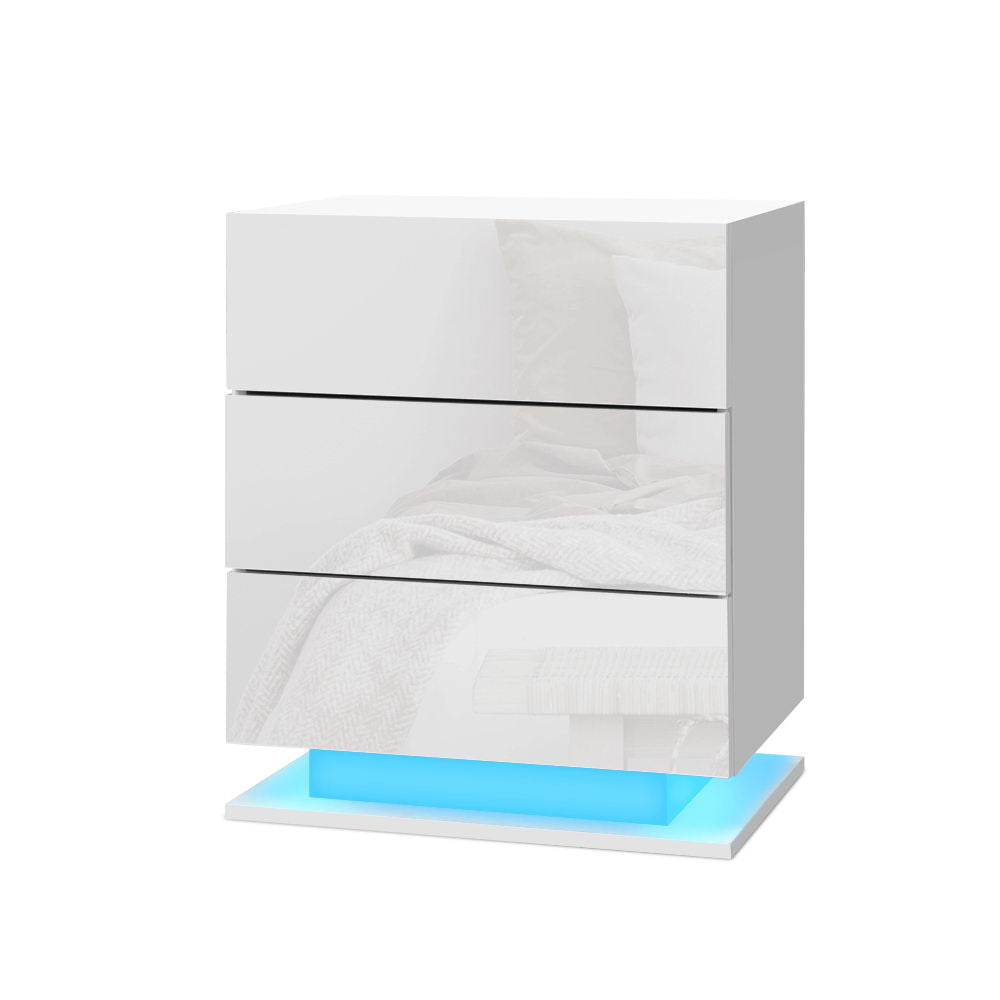 Artiss Bedside Table LED 3 Drawers - MORI White - VogueDecor.au
