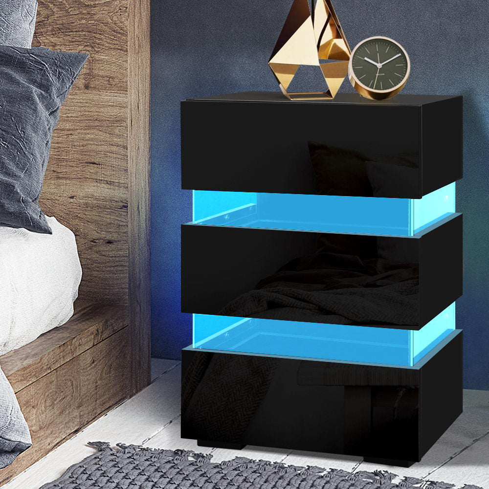 Artiss Bedside Table LED 3 Drawers - LUMI Black - VogueDecor.au