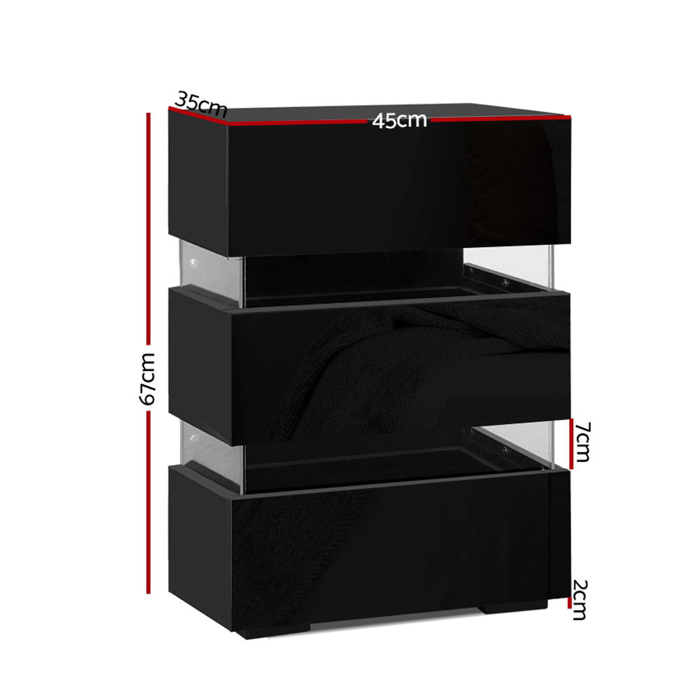 Artiss Bedside Table LED 3 Drawers - LUMI Black - VogueDecor.au