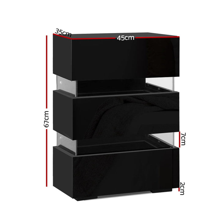 Artiss Bedside Table LED 3 Drawers - LUMI Black - VogueDecor.au