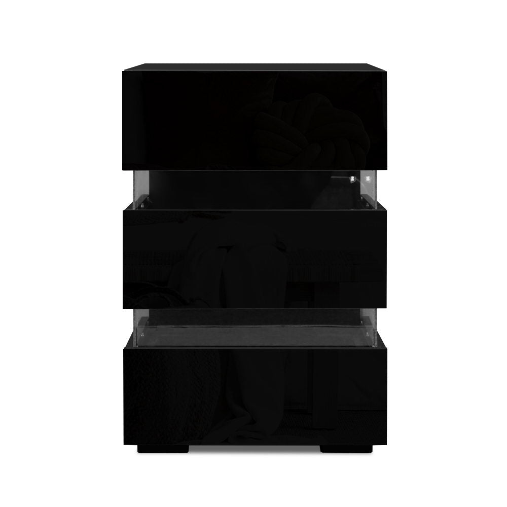 Artiss Bedside Table LED 3 Drawers - LUMI Black - VogueDecor.au