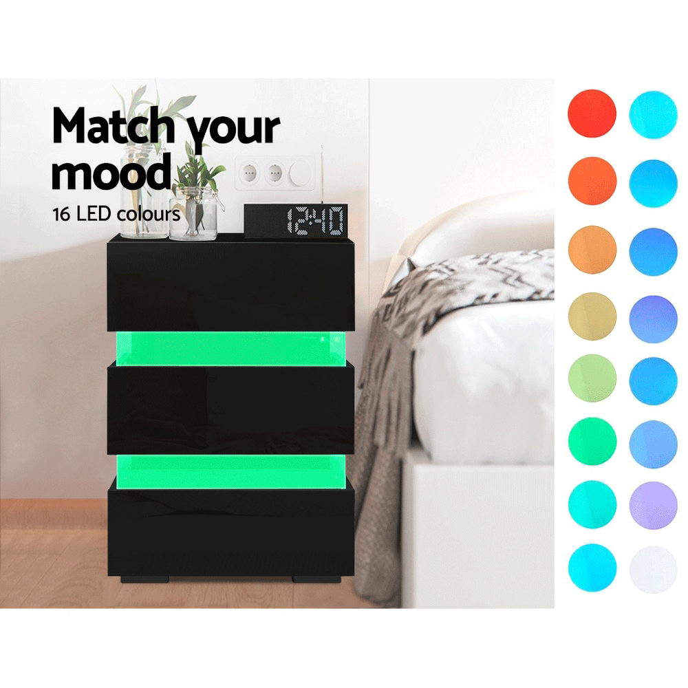 Artiss Bedside Table LED 3 Drawers - LUMI Black - VogueDecor.au
