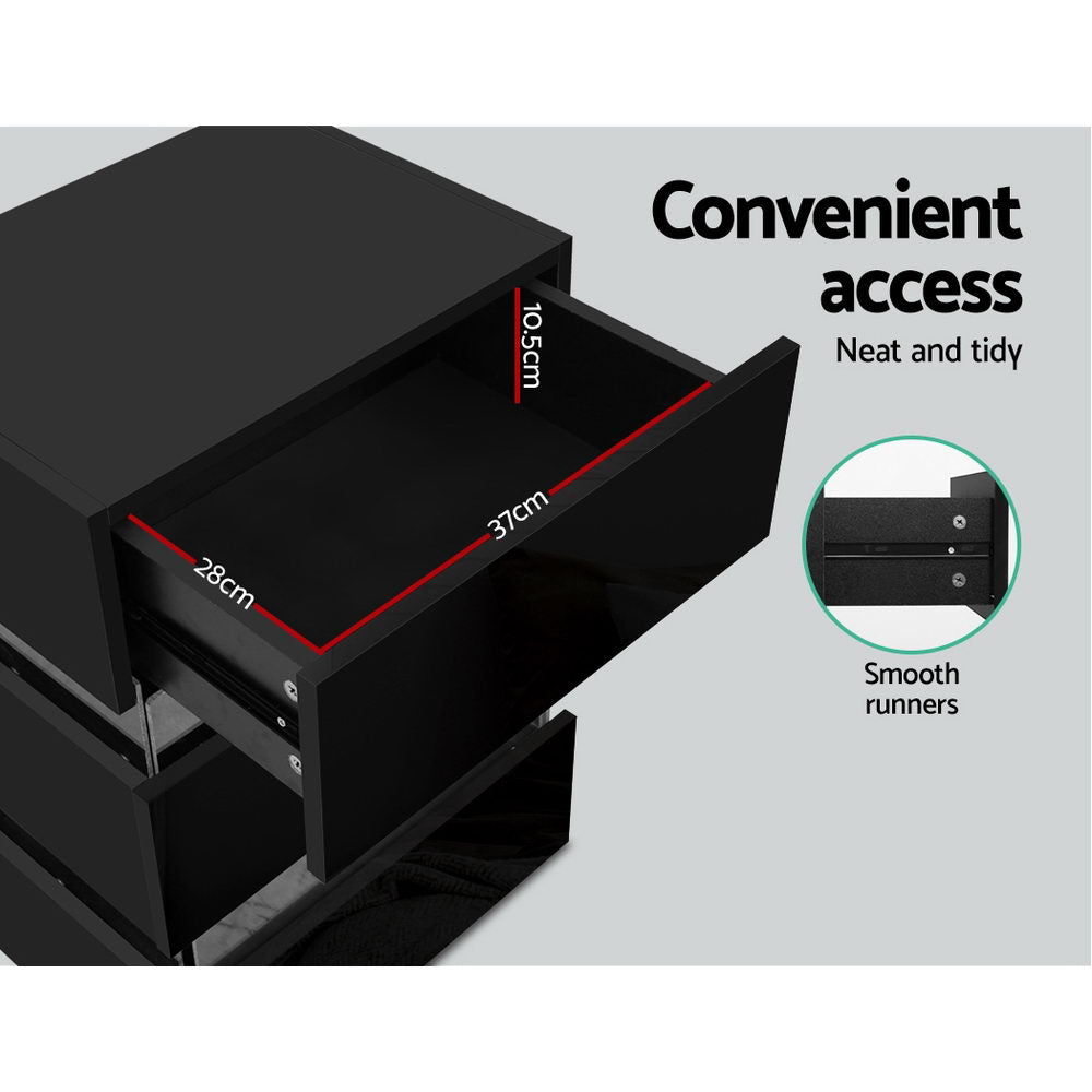 Artiss Bedside Table LED 3 Drawers - LUMI Black - VogueDecor.au