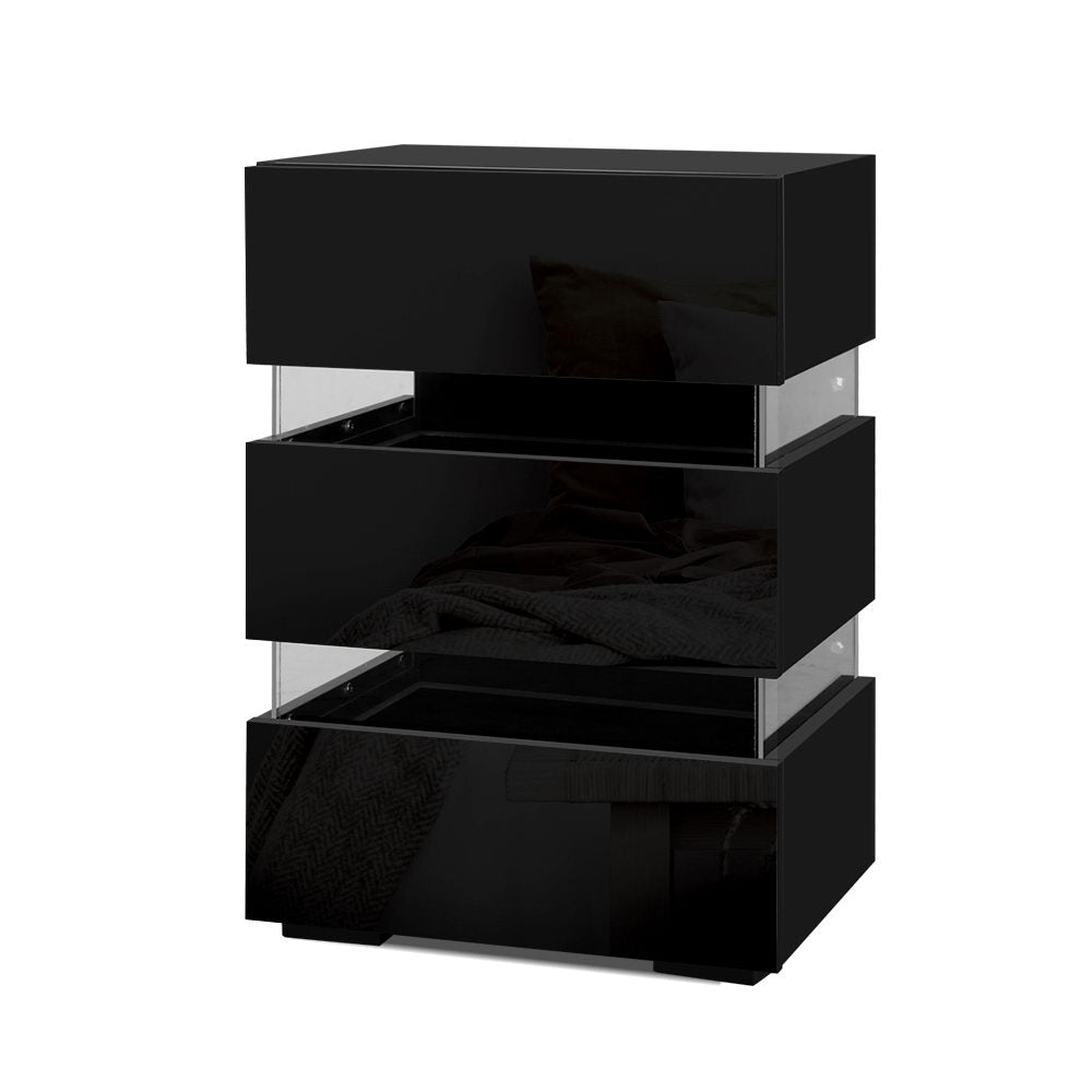 Artiss Bedside Table LED 3 Drawers - LUMI Black - VogueDecor.au