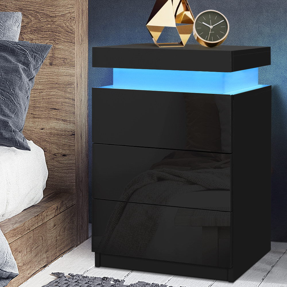 Artiss Bedside Table LED 3 Drawers - COLEY Black - VogueDecor.au