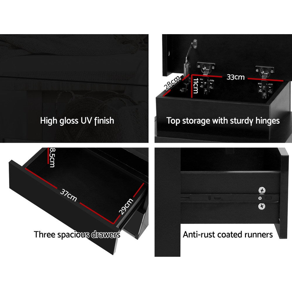 Artiss Bedside Table LED 3 Drawers - COLEY Black - VogueDecor.au