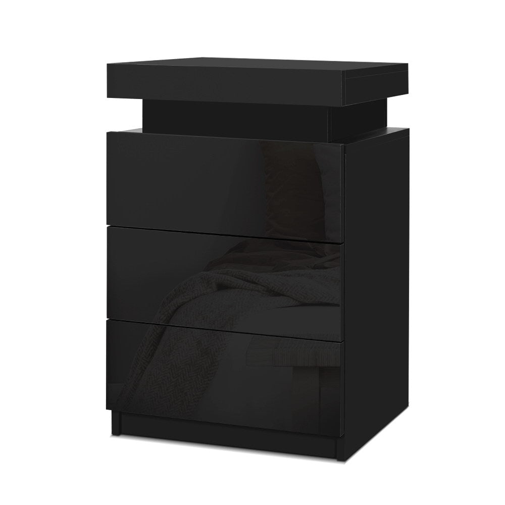 Artiss Bedside Table LED 3 Drawers - COLEY Black - VogueDecor.au