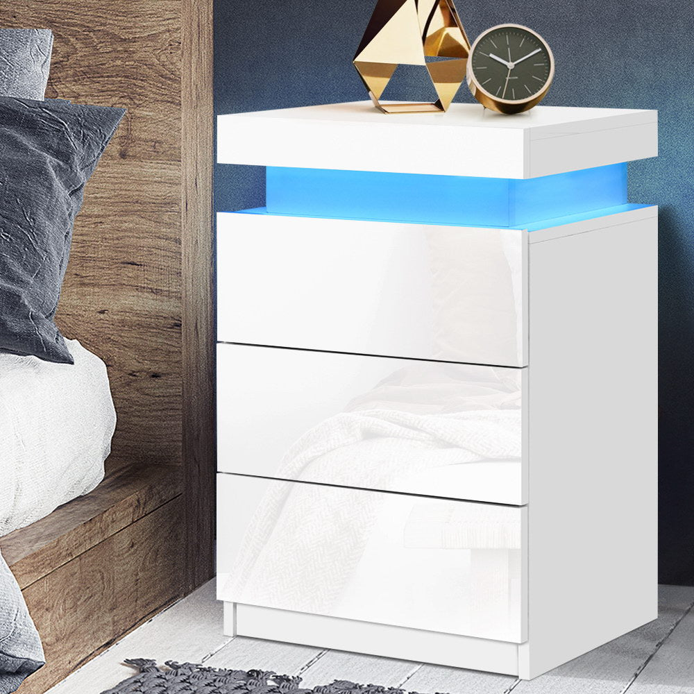 Artiss Bedside Table LED 3 Drawers - COLEY White - VogueDecor.au