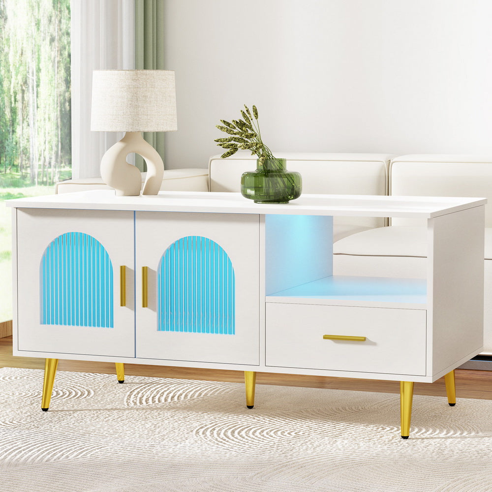 Artiss LED Coffee Table Shelf Drawer Storage White - VogueDecor.au