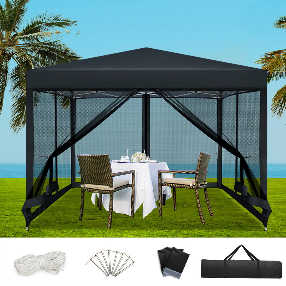 Instahut Gazebo Pop Up Marquee 3x3m Wedding Party Outdoor Camping Tent Canopy Shade Mesh Wall Black - VogueDecor.au