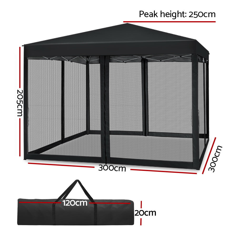 Instahut Gazebo Pop Up Marquee 3x3m Wedding Party Outdoor Camping Tent Canopy Shade Mesh Wall Black - VogueDecor.au