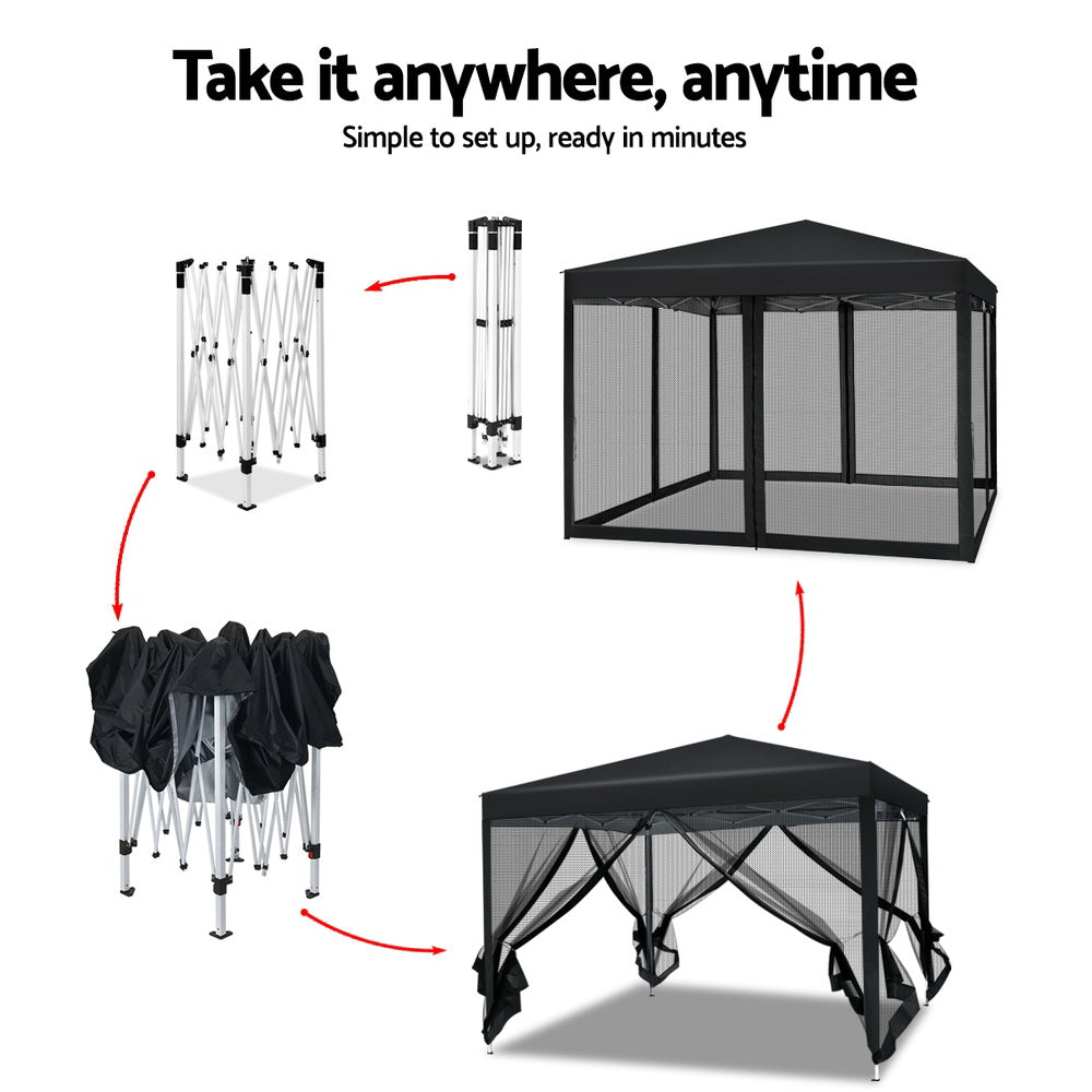 Instahut Gazebo Pop Up Marquee 3x3m Wedding Party Outdoor Camping Tent Canopy Shade Mesh Wall Black - VogueDecor.au