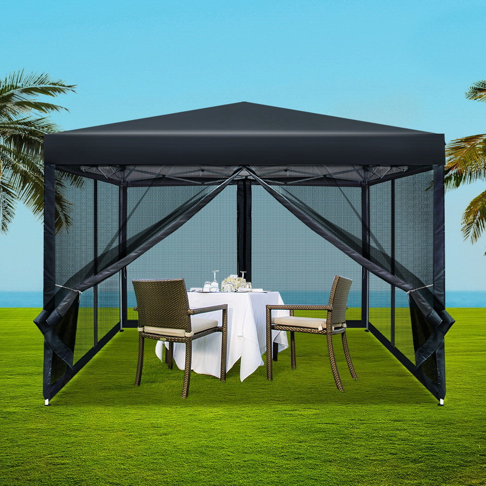 Instahut Gazebo Pop Up Marquee 3x3m Wedding Party Outdoor Camping Tent Canopy Shade Mesh Wall Black - VogueDecor.au