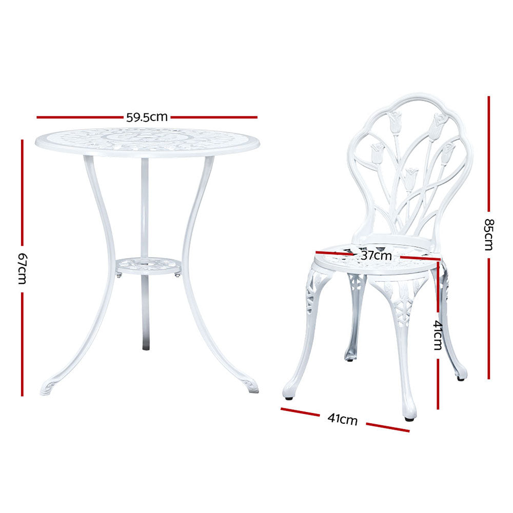 Gardeon 3PC Outdoor Setting Bistro Set Chairs Table Cast Aluminum Patio Furniture Tulip White - VogueDecor.au
