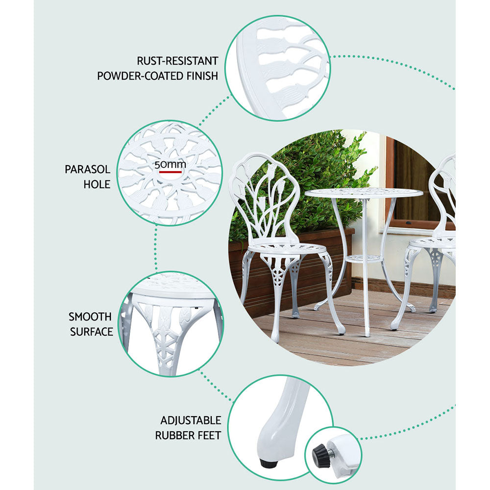 Gardeon 3PC Outdoor Setting Bistro Set Chairs Table Cast Aluminum Patio Furniture Tulip White - VogueDecor.au