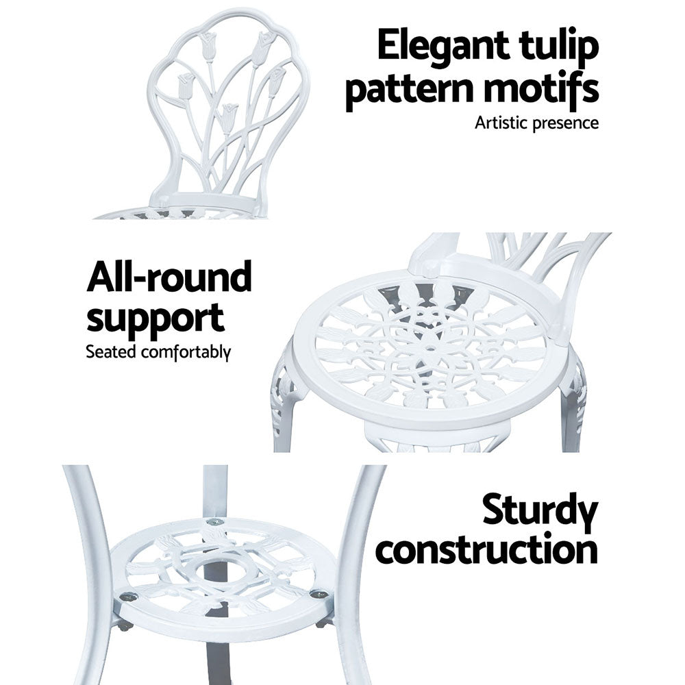 Gardeon 3PC Outdoor Setting Bistro Set Chairs Table Cast Aluminum Patio Furniture Tulip White - VogueDecor.au