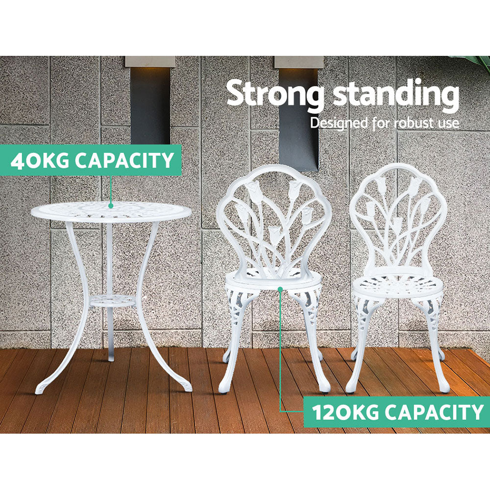 Gardeon 3PC Outdoor Setting Bistro Set Chairs Table Cast Aluminum Patio Furniture Tulip White - VogueDecor.au