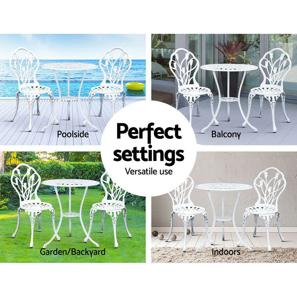 Gardeon 3PC Outdoor Setting Bistro Set Chairs Table Cast Aluminum Patio Furniture Tulip White - VogueDecor.au