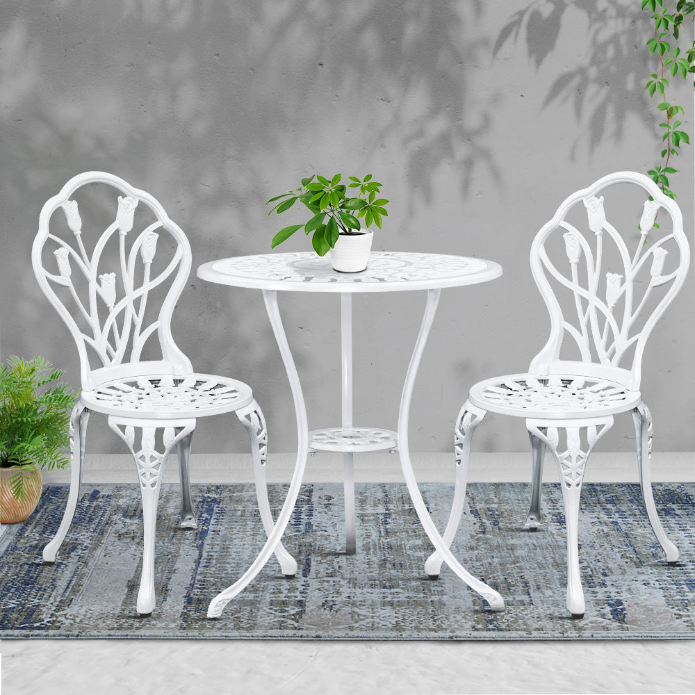 Gardeon 3PC Outdoor Setting Bistro Set Chairs Table Cast Aluminum Patio Furniture Tulip White - VogueDecor.au