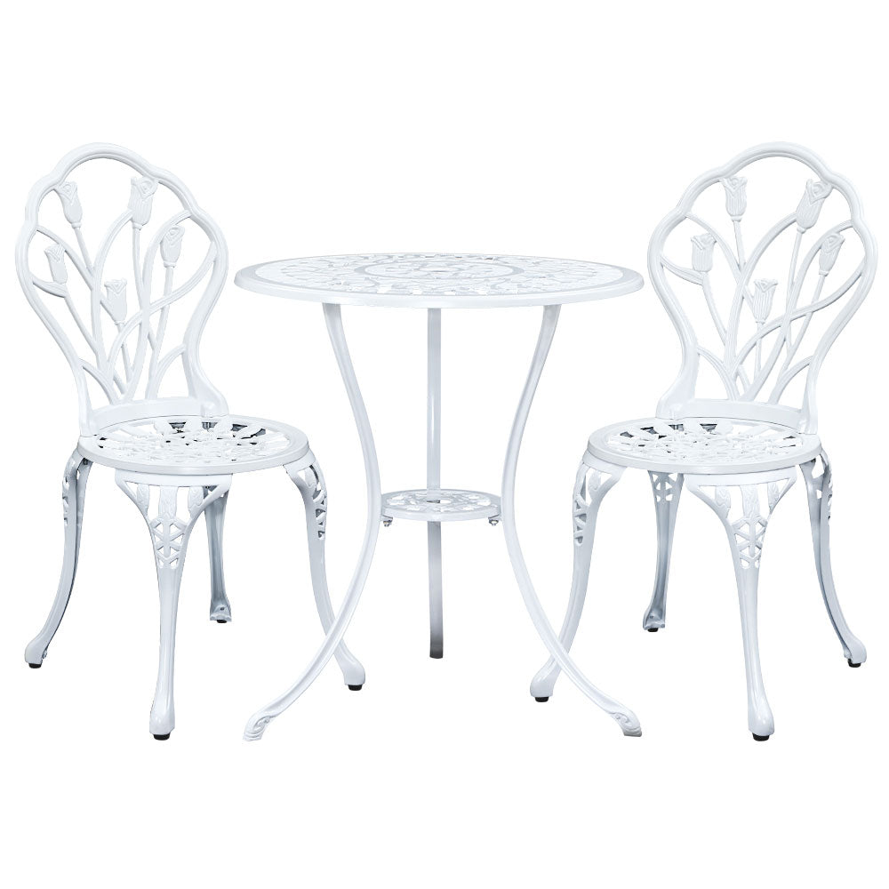 Gardeon 3PC Outdoor Setting Bistro Set Chairs Table Cast Aluminum Patio Furniture Tulip White - VogueDecor.au