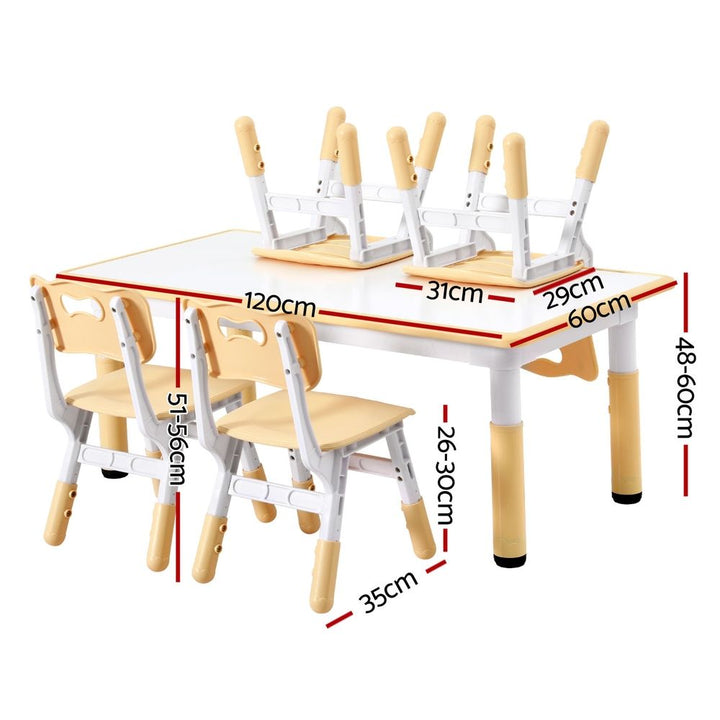 Keezi Kids Table and 4 Chairs Set Height Adjustable Toddler Desk and Chair Set for Ages 3-8, Children Activity Table with Graffiti Desktop for Learning Drawing Playing, Yellow