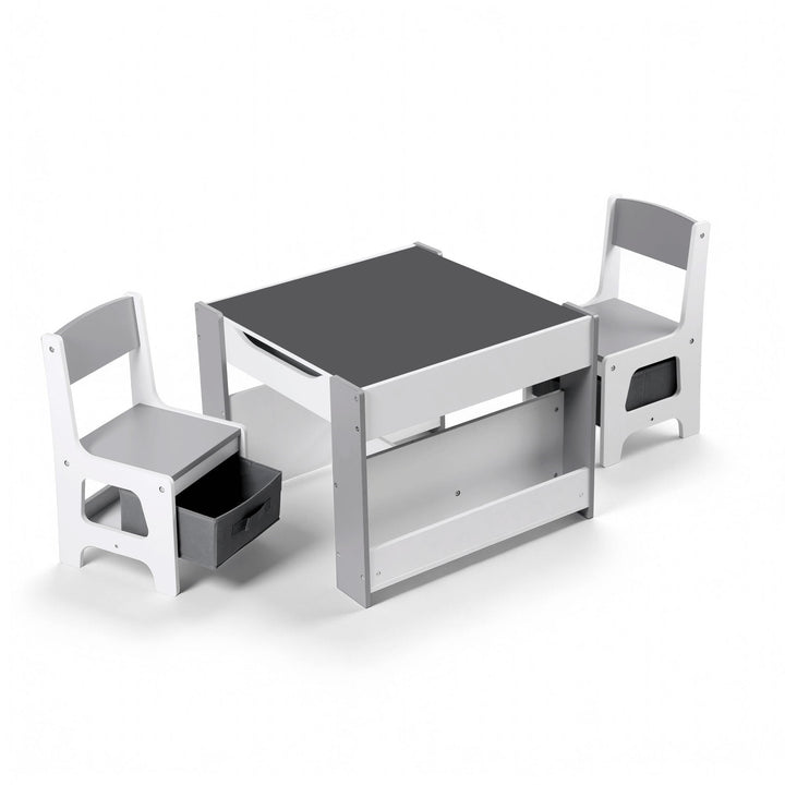 Keezi Kids Table and Chair Set, 4 in 1 Wooden Activity Table with Bookcase, Storage Box and Detachable Blackboard, Toddler Table and 2 Chairs Set, Grey