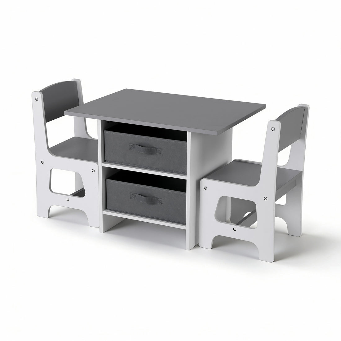 Keezi Kids Table and 2 Chairs Set Wooden Activity Table wit 2 Storage Drawers, Toddler Table and Chair Set for Children Drawing, Reading, Crafts, Eating, Grey